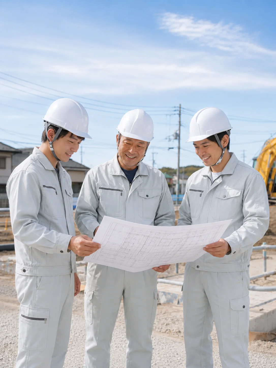 工事現場で図面を囲んで打ち合わせをするみなも設備工業の職人3名