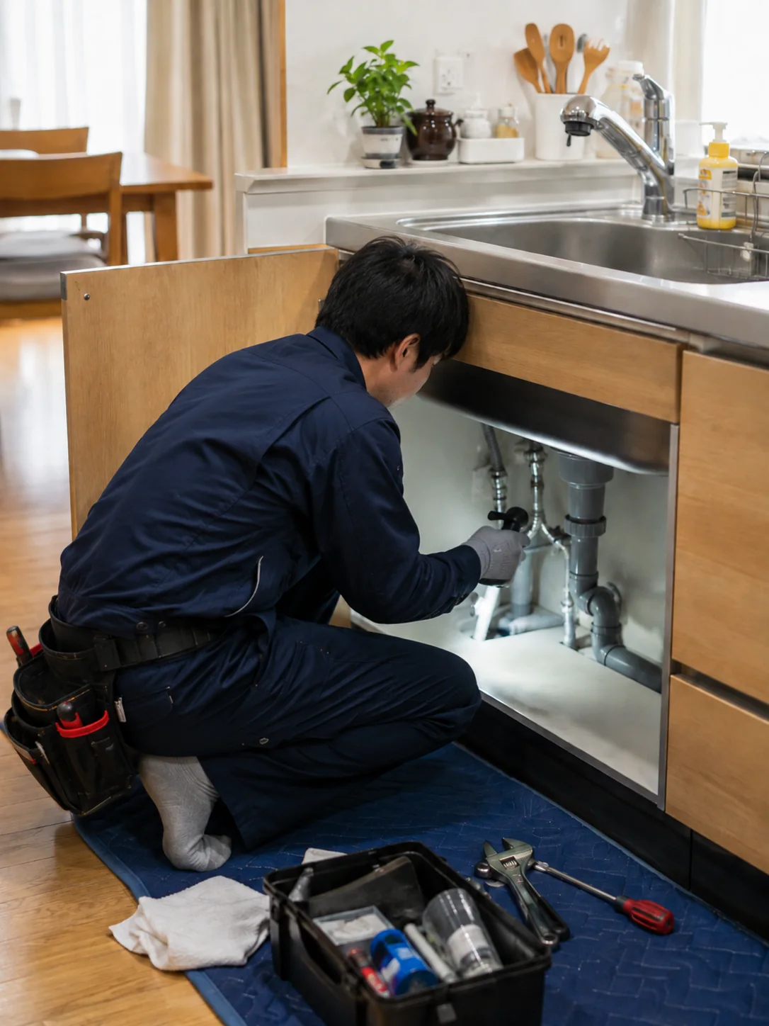 キッチンのシンク下で排水管を点検・修理している様子