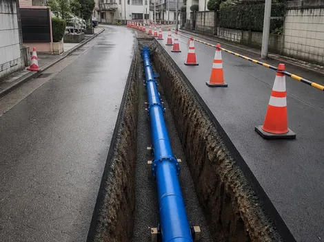 道路水道本管工事：本管の敷設作業