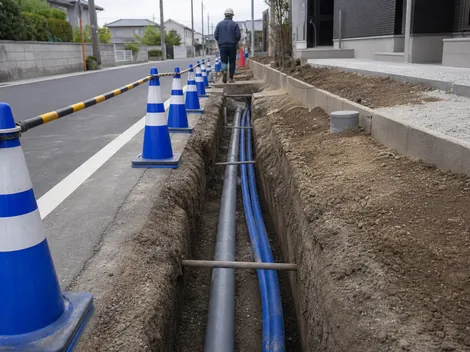 屋外給排水工事：道路沿いでの配管作業